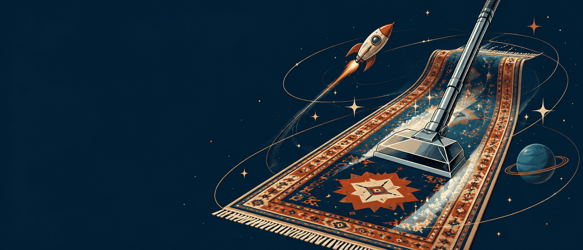 Patterned area rug being cleaned with a wand and a retro rocket orbiting