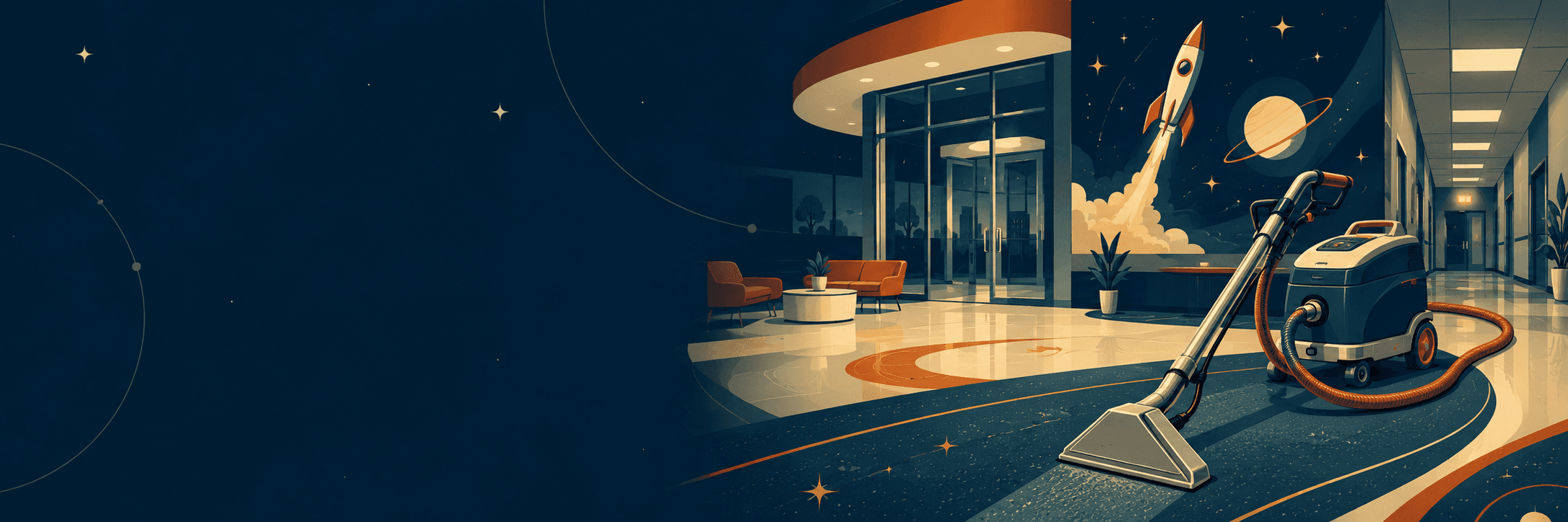 Commercial lobby floor being cleaned with a carpet extractor and a retro rocket orbiting