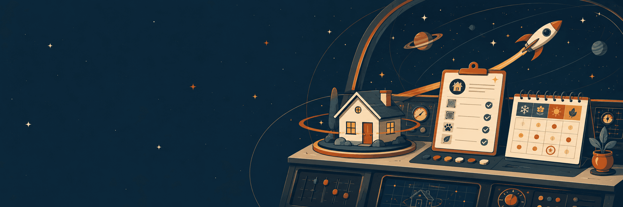 Year-round home care control desk with a house, seasonal calendar, and a retro rocket