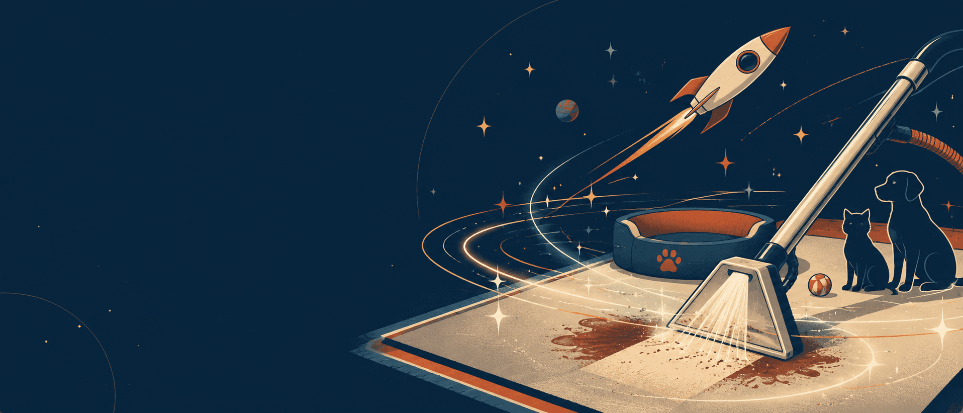 Pet odor and stain treatment scene with pets and a retro rocket orbiting