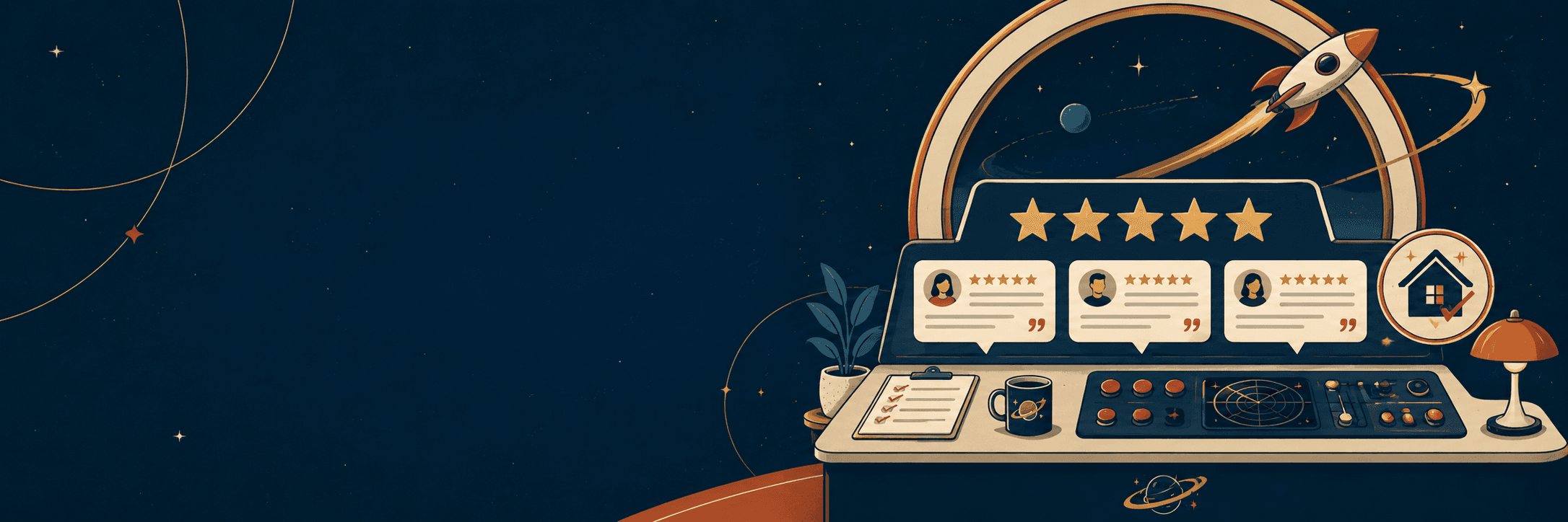 Five-star customer reviews on a control desk with a retro rocket