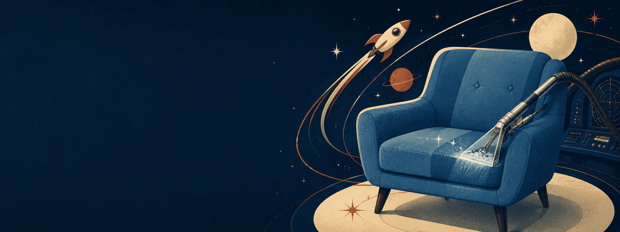 Upholstered armchair being cleaned with a retro rocket orbiting
