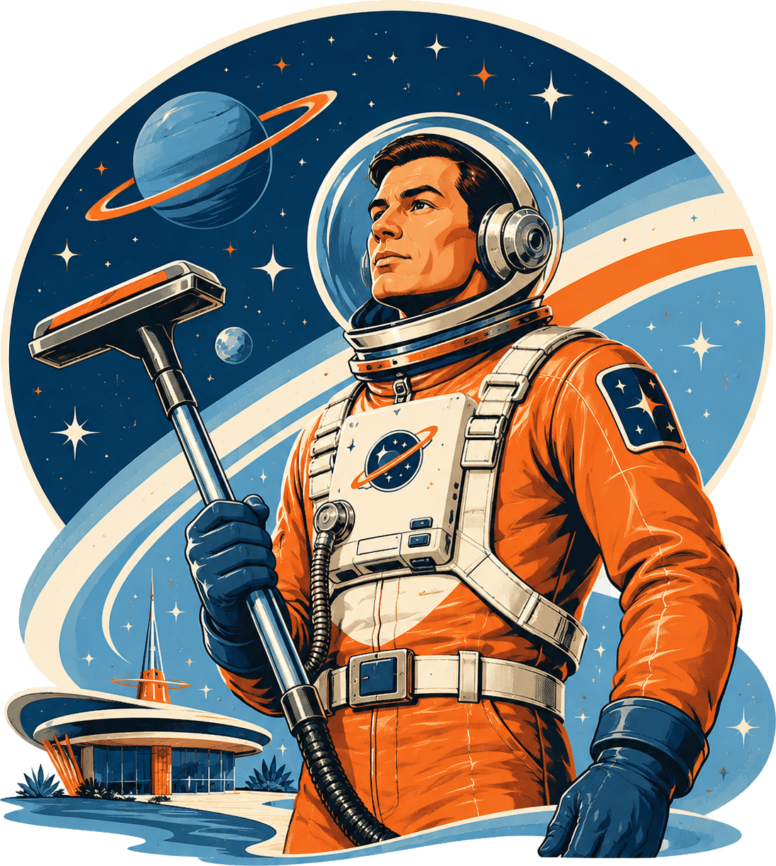 Retro astronaut holding a carpet cleaning wand over the Austin skyline