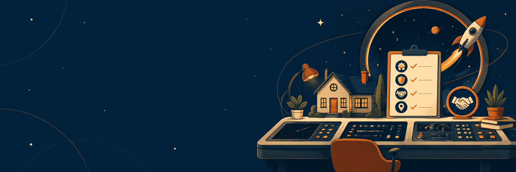 Orbit control desk with a house, checklist, and handshake