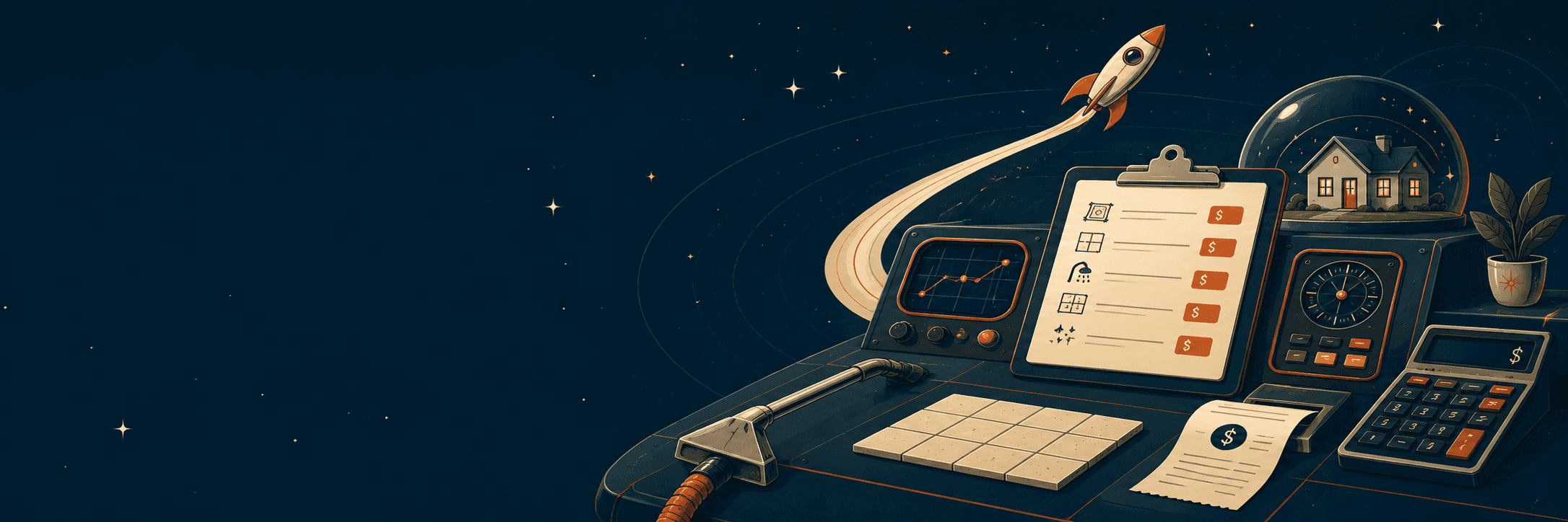 Pricing control desk with a calculator, price list, and a retro rocket